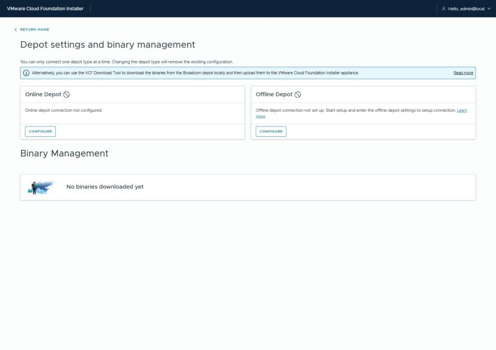 The Depot settings page showing Online Depot and Offline Depot both not configured and no binaries downloaded