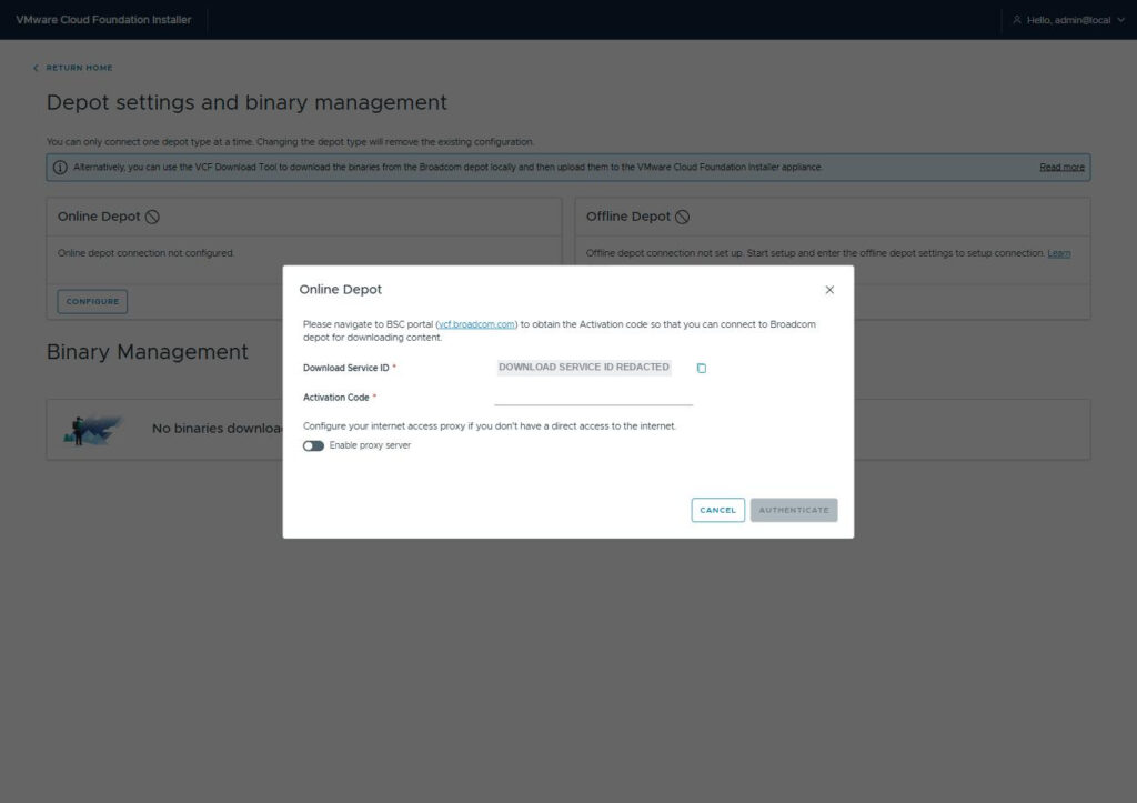 The Online Depot dialog asking for the Activation Code, with the Download Service ID shown and the proxy toggle off