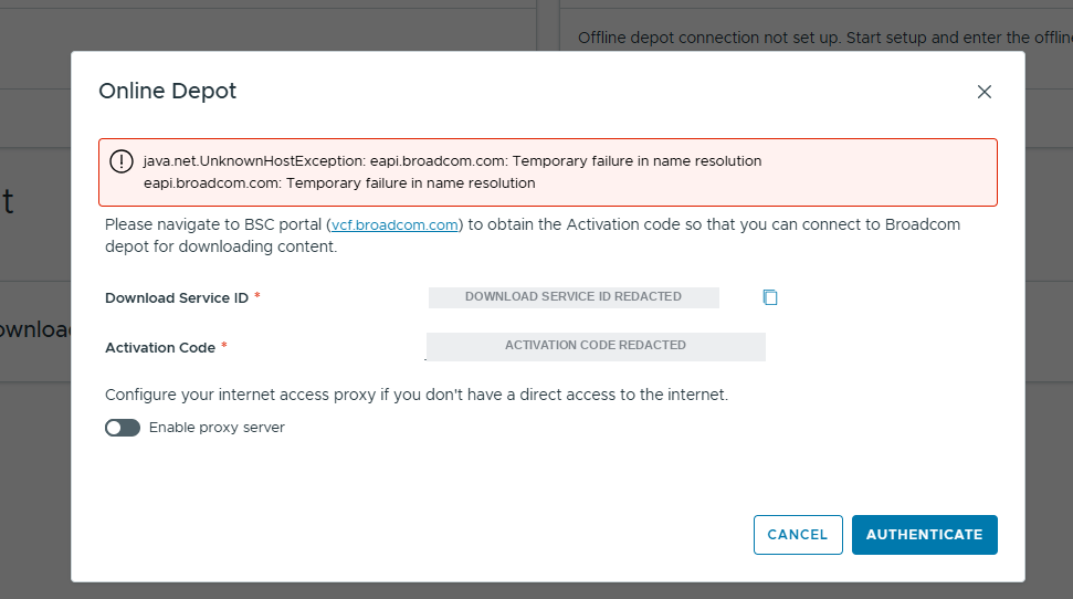 The Online Depot dialog showing a red error: java.net.UnknownHostException eapi.broadcom.com Temporary failure in name resolution