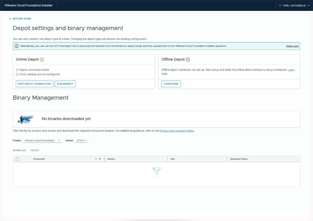 The Depot settings page showing Online Depot with a green Depot connection active status and an empty Binary Management table ready to filter