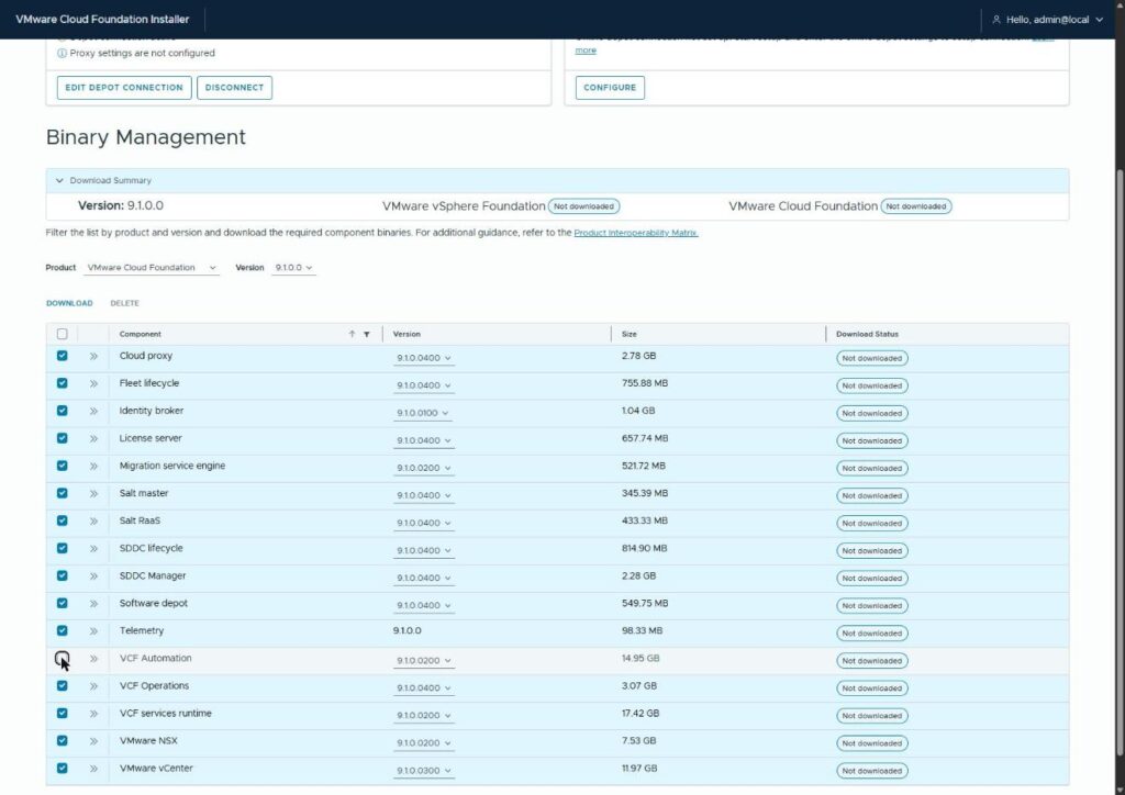 The Binary Management list with 15 of 16 components selected for download and VCF Automation left unchecked