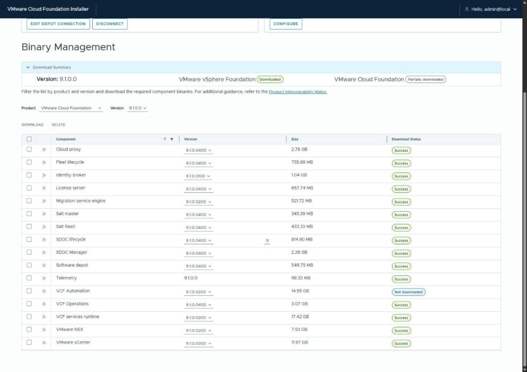 The Binary Management list showing every selected component at Success and VCF Automation still Not downloaded