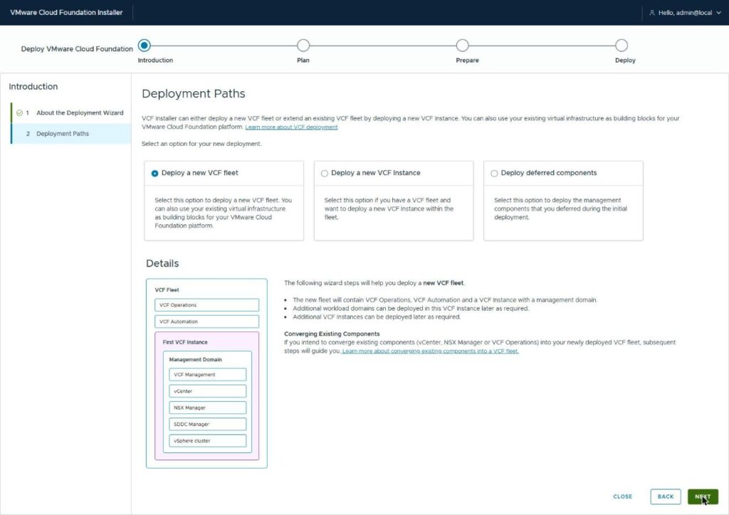 The Deployment Paths page with Deploy a new VCF fleet selected, and a note about converging existing components