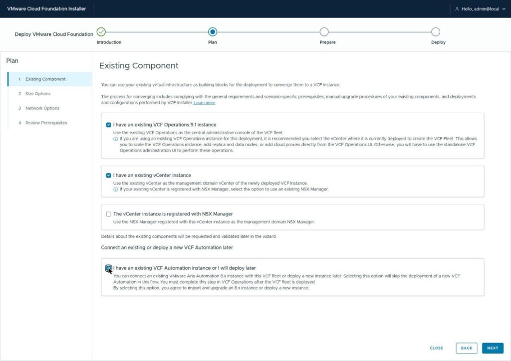 The Existing Component page with existing VCF Operations, existing vCenter, and defer VCF Automation all checked, and the Storage step gone from the left rail