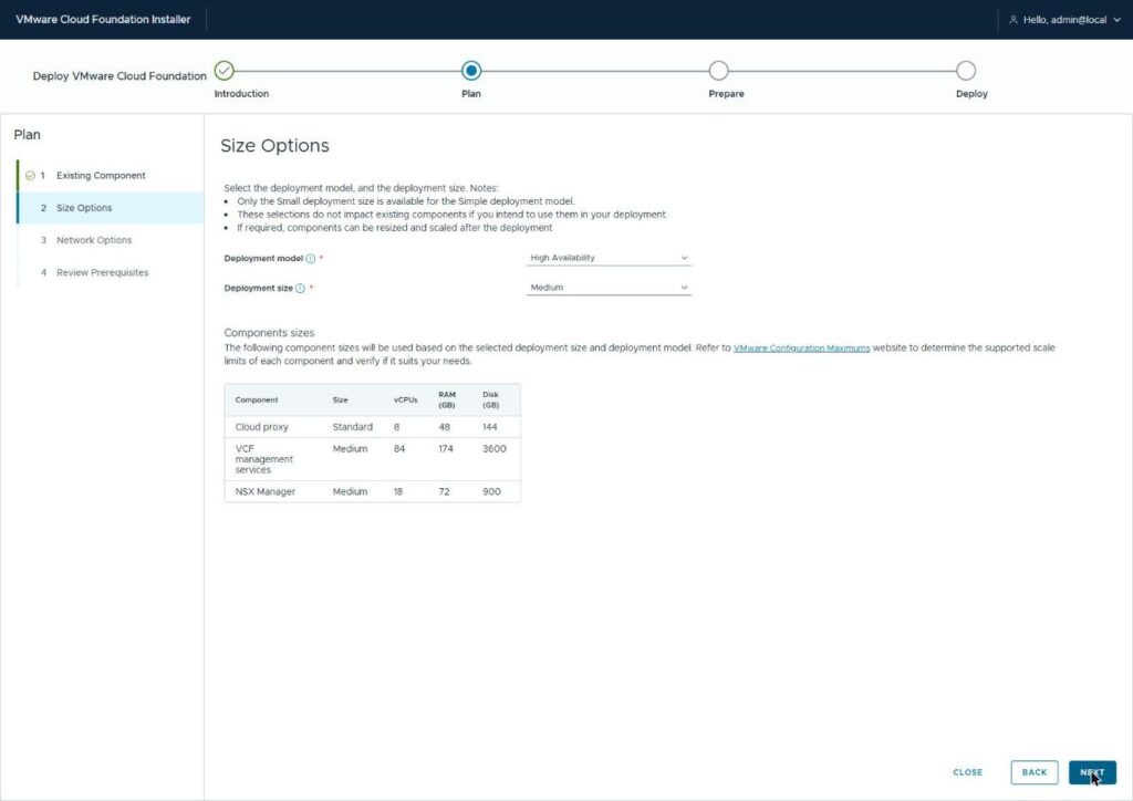 The Size Options page showing the default High Availability model at Medium size, with the component resource table