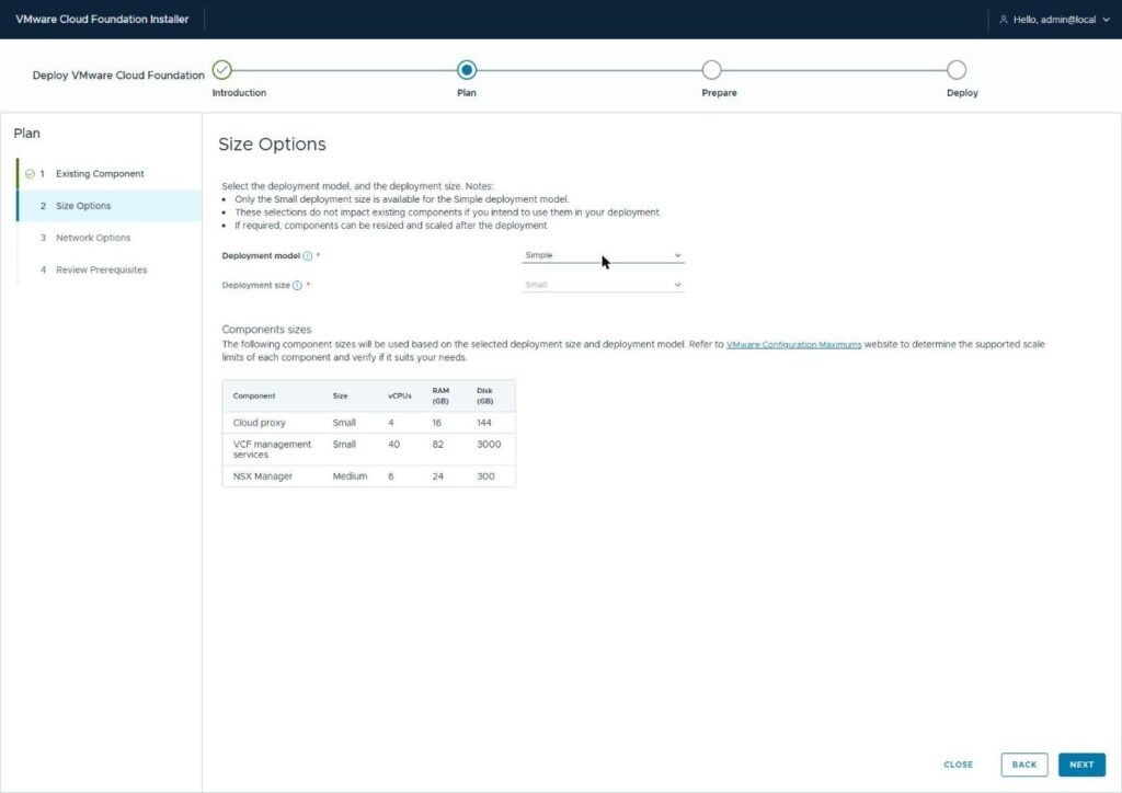 The Size Options page with the Simple deployment model selected and Small size locked, showing the reduced resource table