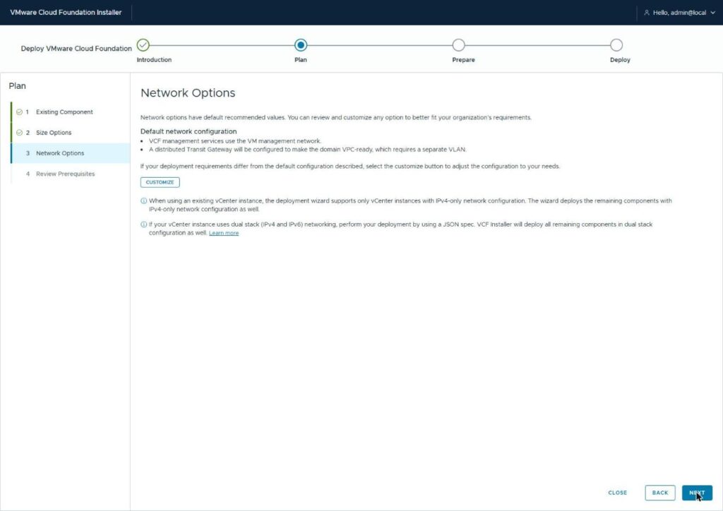 The Network Options page showing the default configuration with a distributed Transit Gateway that requires a separate VLAN