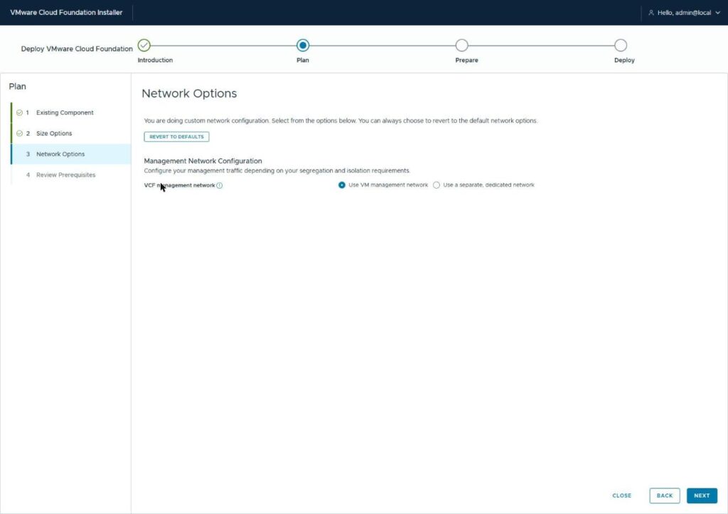 The Network Options page in custom mode with Use VM management network selected for the VCF management network