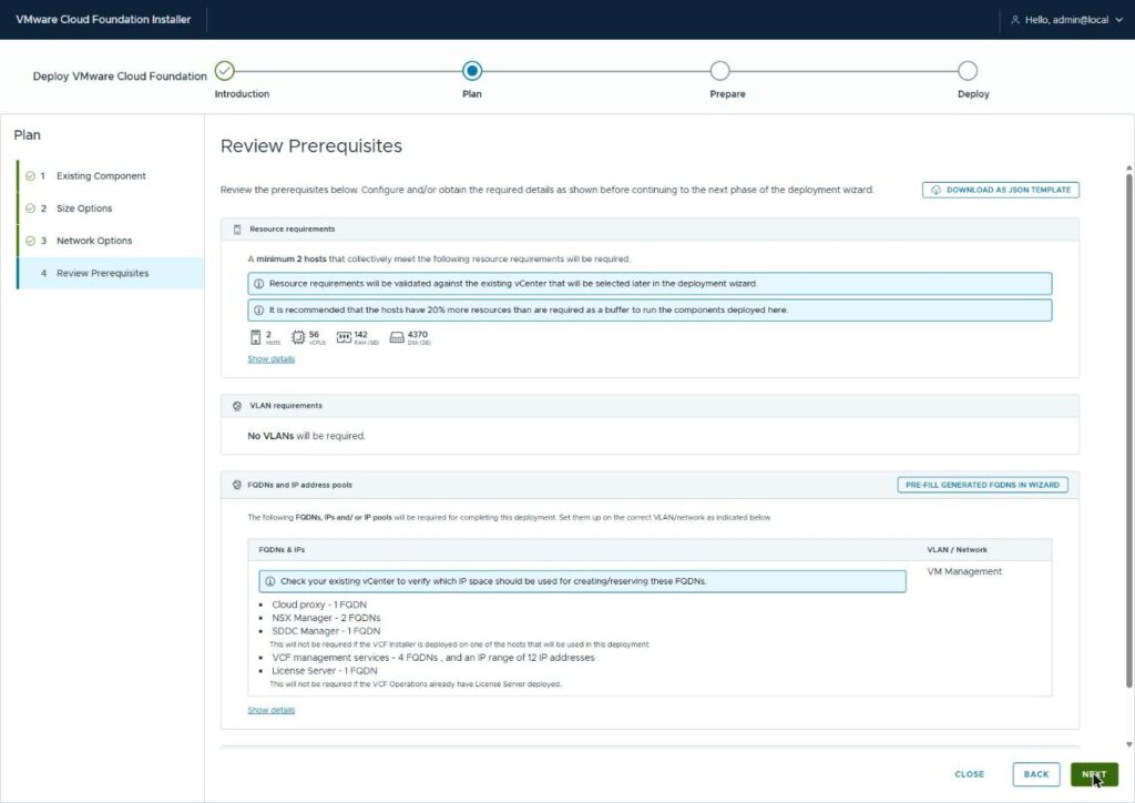 The Review Prerequisites page showing resource requirements of 2 hosts, 56 vCPUs, 142 GB RAM, and 4370 GB disk, no VLANs required, and the FQDN and IP pool list