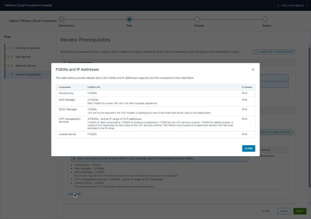 The FQDNs and IP Addresses detail dialog listing one FQDN for cloud proxy, two for NSX Manager, four FQDNs plus a 12 address range for VCF management services