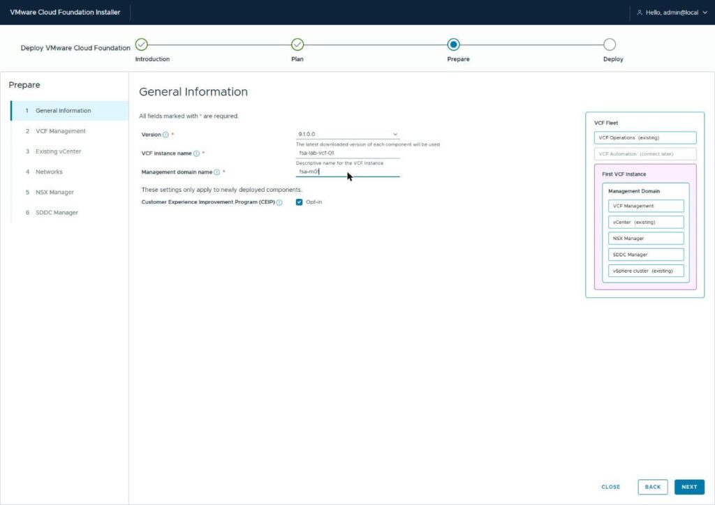 The General Information page with version 9.1.0.0, VCF Instance name fsa-lab-vcf-01, management domain fsa-m01, and CEIP opt-in checked