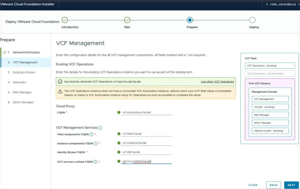 The VCF Management page showing VCF Operations successfully detected, a warning about no connected VCF Automation, and five FQDNs all validated green