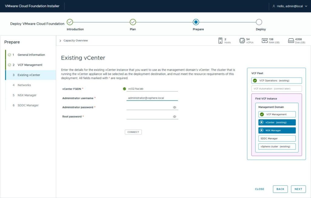 The Existing vCenter page with vc02.fsa.lab entered, the administrator username filled, and both password fields empty awaiting input