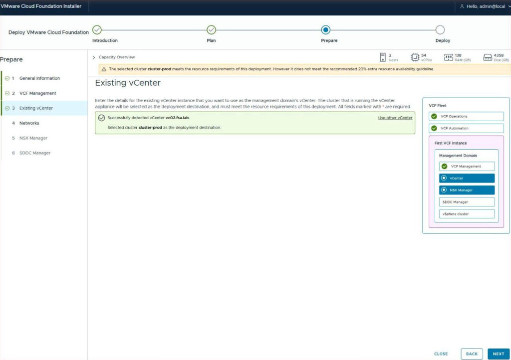 The Existing vCenter page after reconnecting, showing vCenter detected, cluster-prod selected as the deployment destination, and a warning about the 20 percent resource guideline