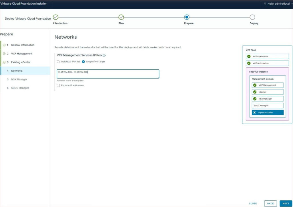 The Networks page showing the VCF Management Services IP Pool as a single IPv4 range of 10.21.234.170 to 10.21.234.190, with a minimum 12 IPs required and an Exclude IP addresses checkbox