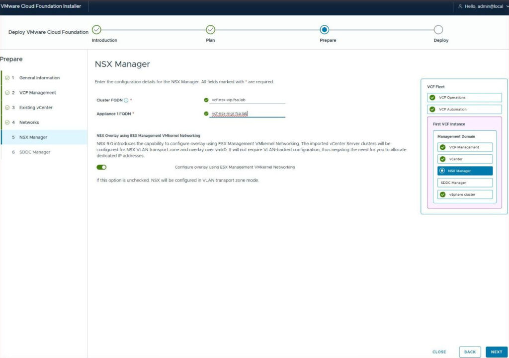 The NSX Manager page with the cluster VIP and appliance FQDNs validated, and the overlay-over-management-VMkernel toggle shown in its default on position