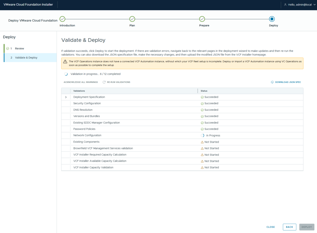 The Validate and Deploy page showing validation in progress at 6 of 12 completed, with a list of validation checks and their statuses